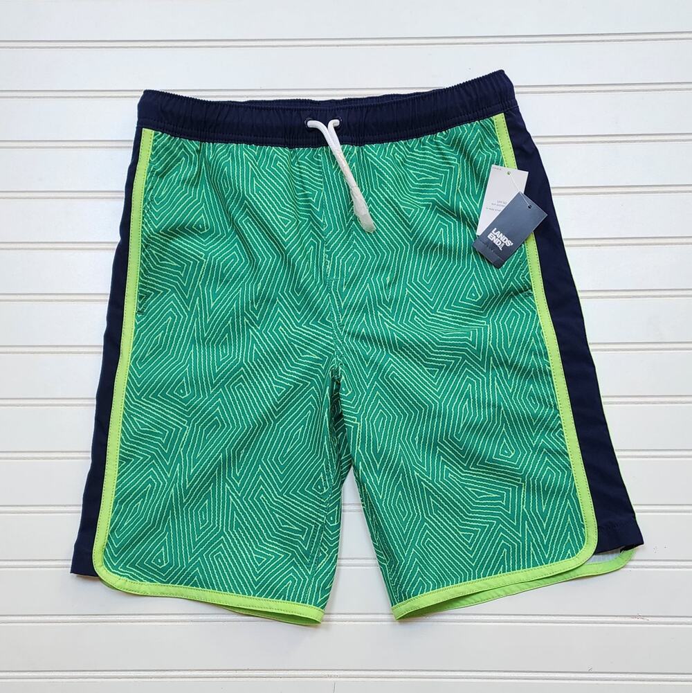 NWT Lands End Boys Pattern Stretch Swim Trunks Size L (14-16) Clearwater Green